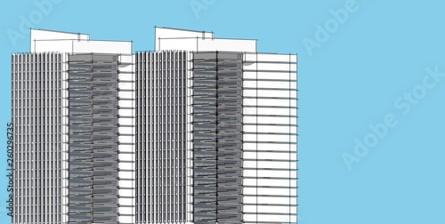 3D illustration architecture building perspective lines.