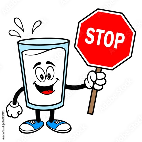 Glass of Milk Mascot with a Stop Sign - A vector cartoon illustration of a glass of Milk mascot holding a Stop Sign.