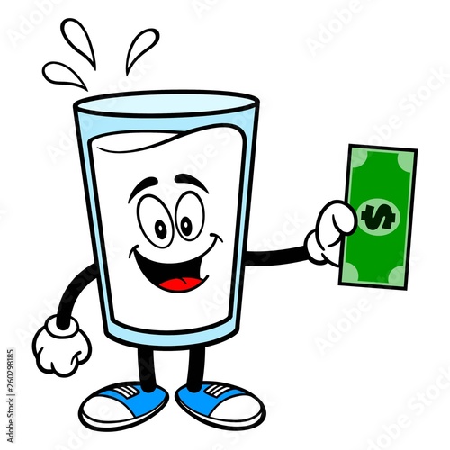 Glass of Milk Mascot with a Dollar - A vector cartoon illustration of a glass of Milk mascot holding a Dollar.