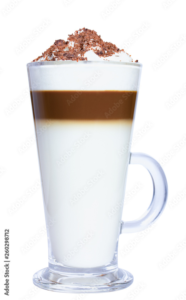Latte Macchiato coffee with whipped cream and chocolate chips. Isolate on white background. The photo. Latte Macchiato coffee with whipped cream and chocolate chips. Isolate on white background. The photo.