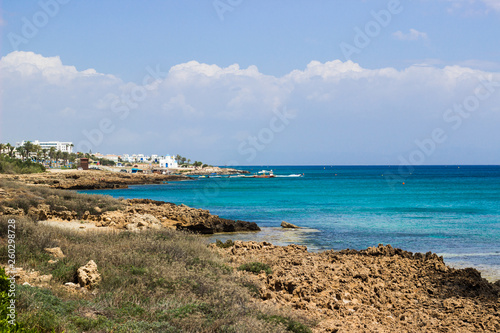 View on the sea bay and church. Protaras, Cyprus