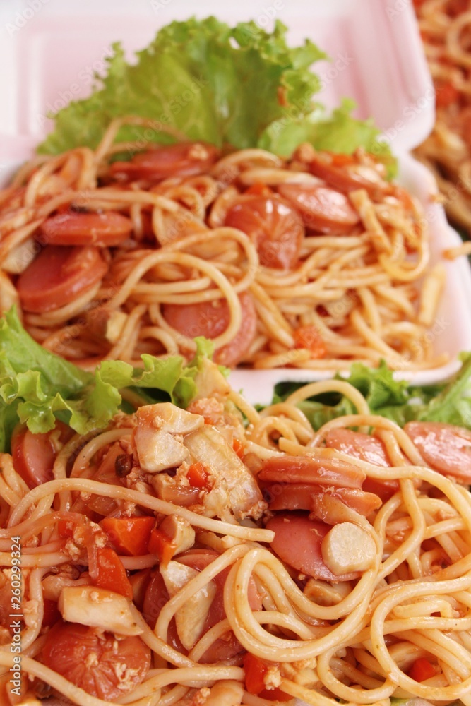 Spaghetti with pork delicious at street food Spaghetti with pork delicious at street food