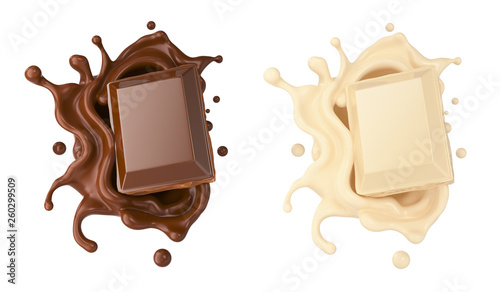 dark and white chocolate pieces falling on chocolate sauce and Milk cream splash 3d illustration.