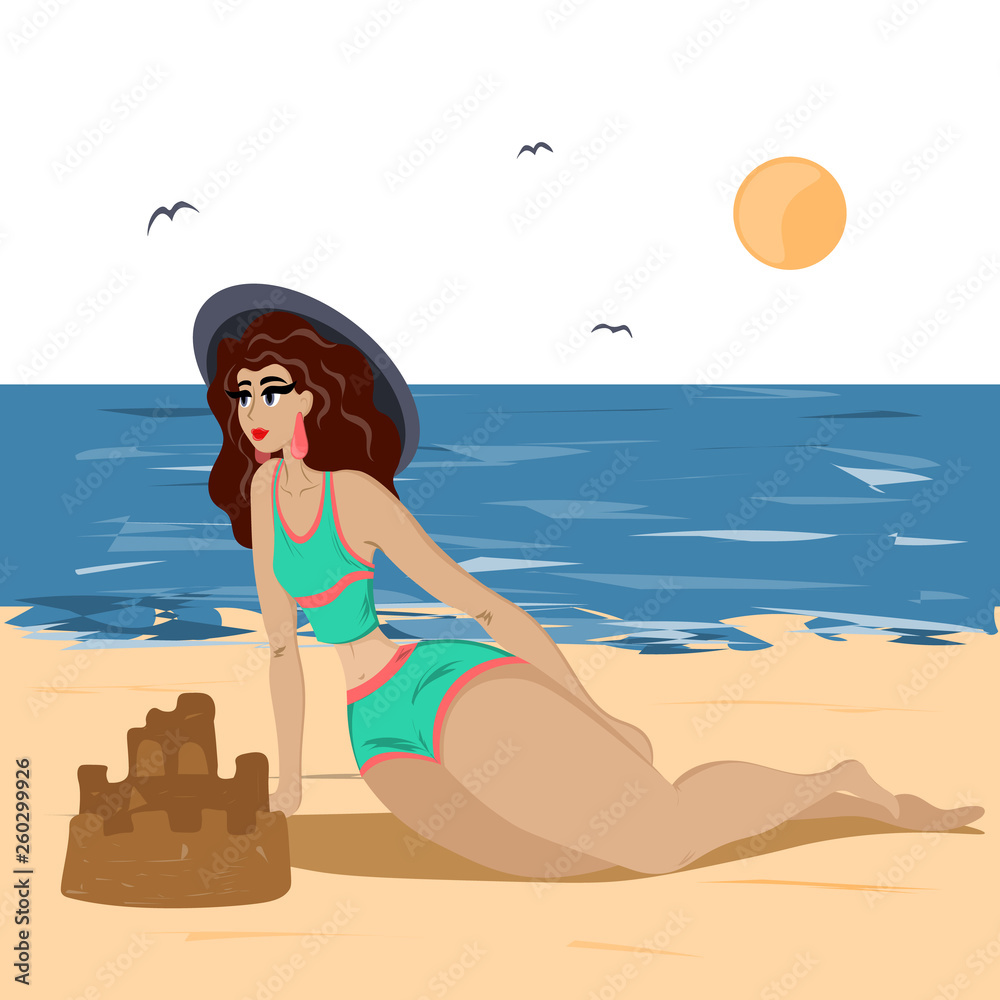 A young slender woman lies on the beach and strikes into the sun.