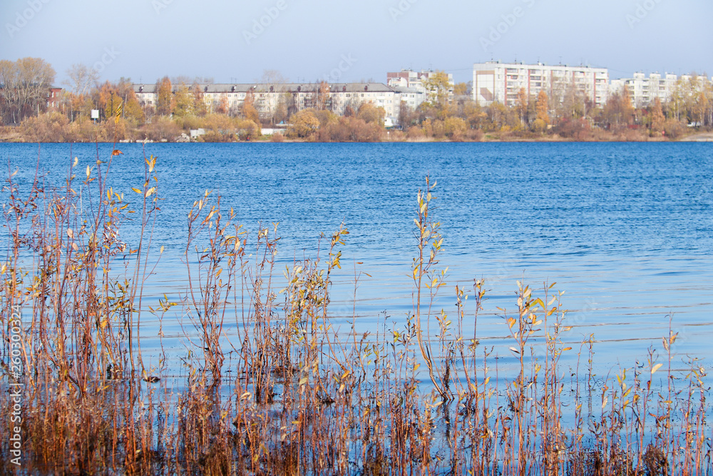 Autumn day in Arkhangelsk. View of the river Northern Dvina and river port in Arkhangelsk.