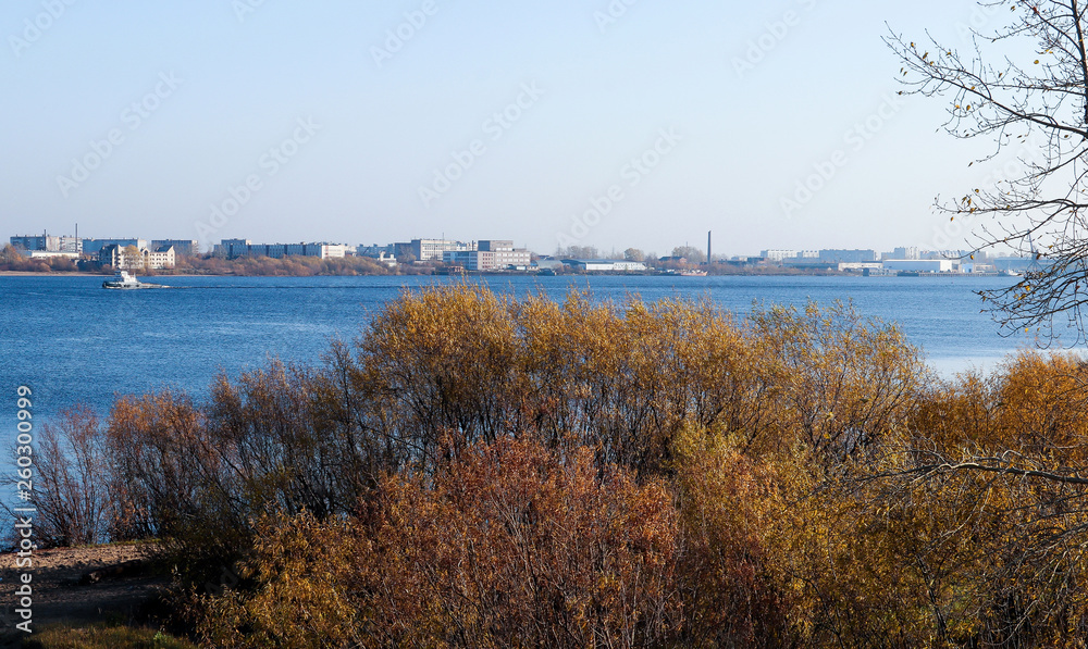 Autumn day in Arkhangelsk. View of the river Northern Dvina and river port in Arkhangelsk.