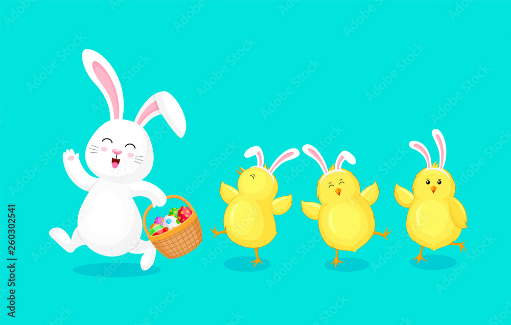 White rabbit holding Easter egg basket and little chicks.  Cute bunny. Happy Easter day, cartoon character design. Vector illustration isolated on blue background.