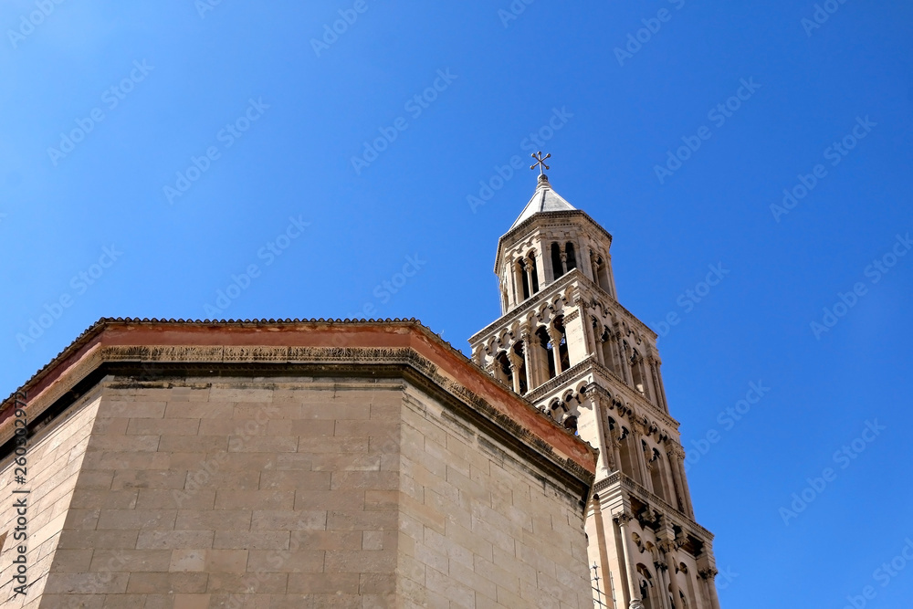 Saint Domnius cathedral and bell tower - historical landmarks in Split, Croatia. Split is popular summer travel destination and UNESCO World Heritage Site.