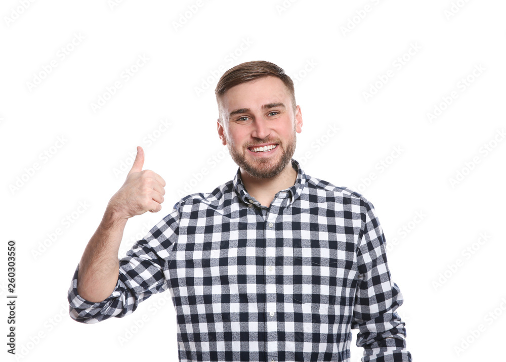 Man showing THUMB UP gesture in sign language on white background Man showing THUMB UP gesture in sign language on white background