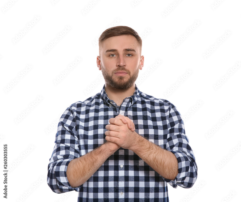Man showing word BELIEVE in sign language on white background
