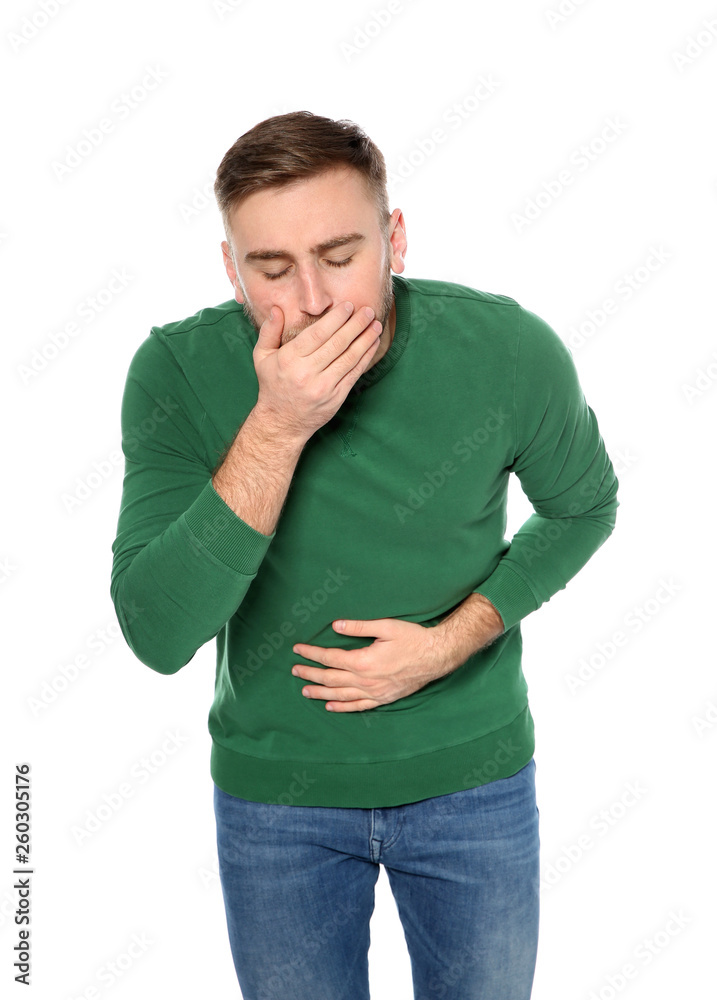 Young man suffering from nausea isolated on white Young man suffering from nausea isolated on white
