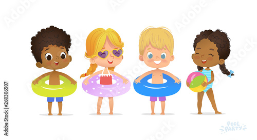 Happy Multiracial Friend Play in Swimming Pool. Fun Party Child Relax Summer Vacation. Black Girl Swimsuit with Ring. White Blonde Laugh Sunglasses Flat Cartoon Vector