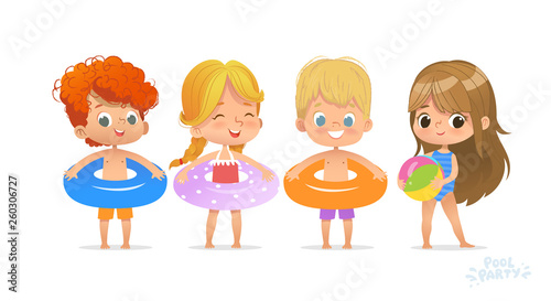 Relax International Children Swimming Pool Party. Red-haired Boy Character with Blue Ring on Fun Sea Resort. Little Girl in Swimsuit Funny Summer Vacation. Flat Cartoon Vector Illustration.