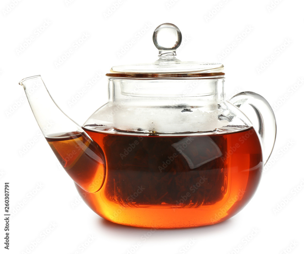 Glass pot with hot tea isolated on white Glass pot with hot tea isolated on white