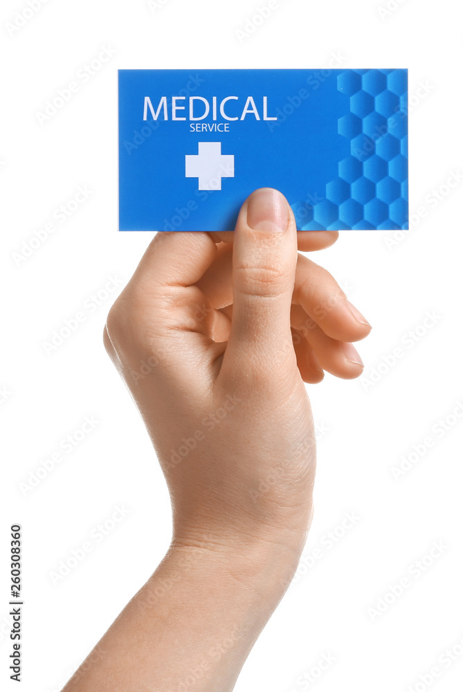Woman holding business card isolated on white, closeup. Medical service Woman holding business card isolated on white, closeup. Medical service