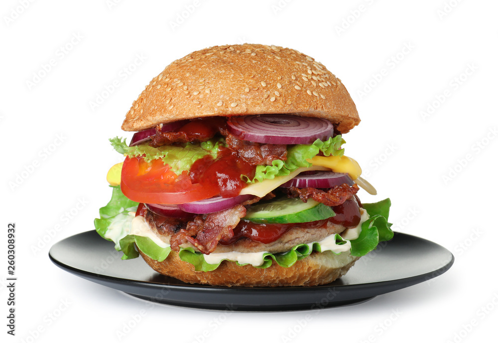 Plate with fresh tasty burger isolated on white background Plate with fresh tasty burger isolated on white background