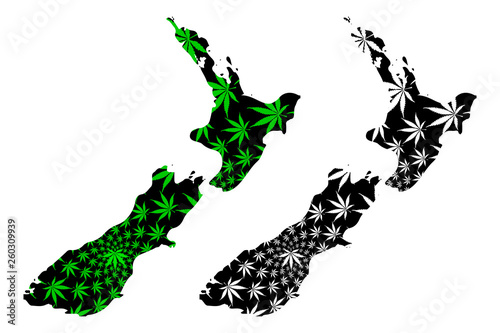 New Zealand - map is designed cannabis leaf green and black, New Zealand (North and South Island) map made of marijuana (marihuana,THC) foliage,