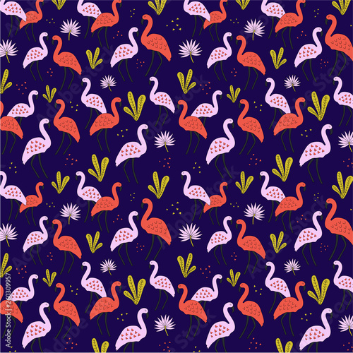 Colorful pattern with flamingos and flowers. Hand drawn cute seamless background. Vector illustration