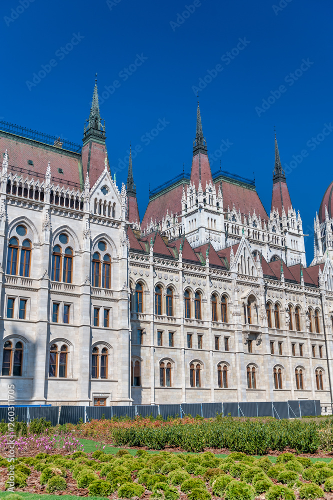 Exterior view of Budapest Parliament on a sunny day