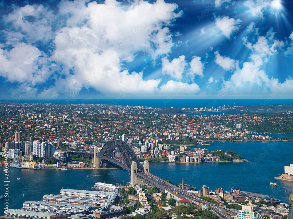 Obraz premium Aerial view of Sydney Harbor Bridge, city symbol, Australia