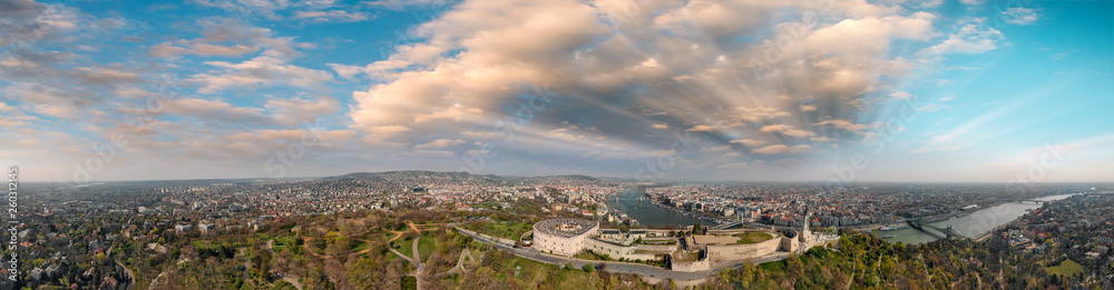 The Citadel and Budapest skyline. Panoramic aerial view of Hungarian Capital