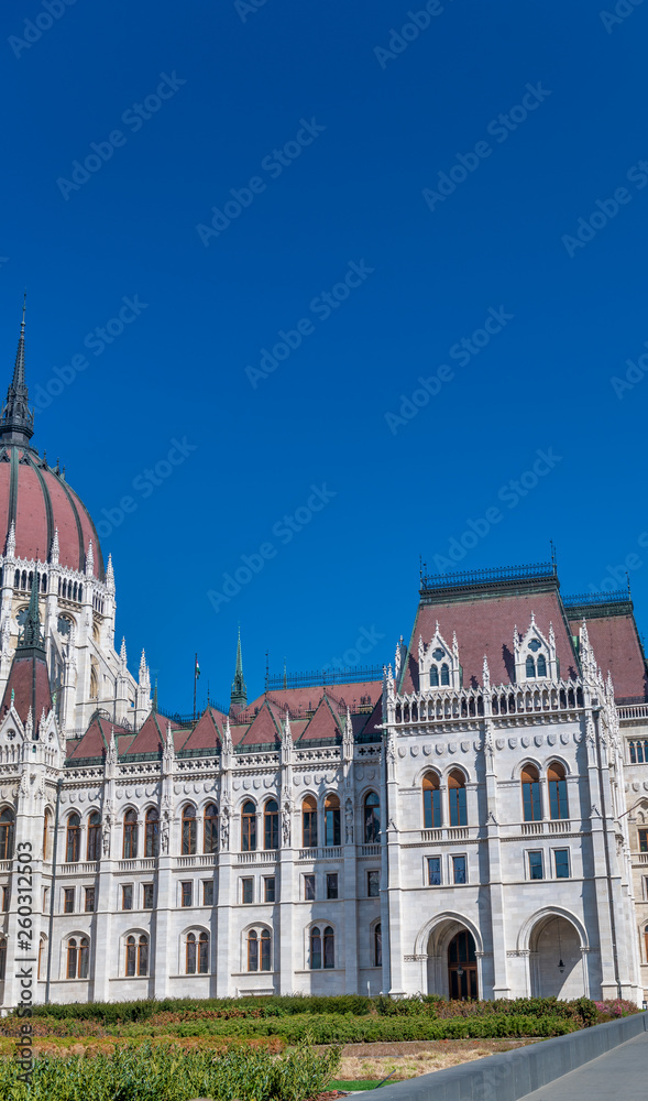 Exterior view of Budapest Parliament on a sunny day