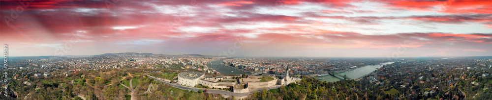 Budapest, Hungary. Panoramic aerial view of city skyline at sunset from Citadel Hill