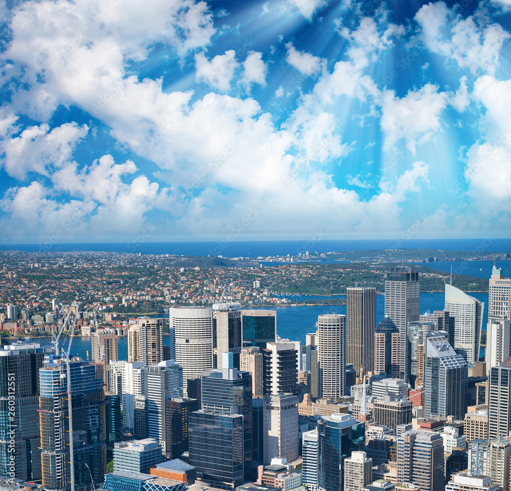 Sunset aerial view of Sydney skyline with Barangaroo and CBD Sunset aerial view of Sydney skyline with Barangaroo and CBD