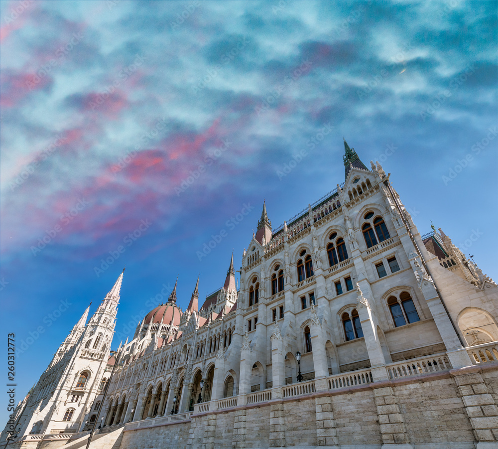 Exterior view of Budapest Parliament on a sunny day