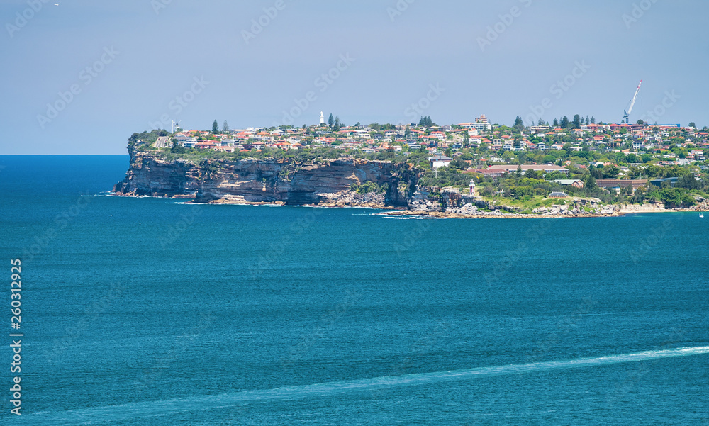 Panoramic aerial view of Manly Beach skyline on a sunny day, Australia