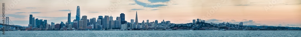 San Francisco, California. Panoramic view of Downtown skyline at sunset