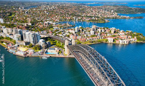 Aerial view of Sydney Harbor Bridge, city symbol, Australia