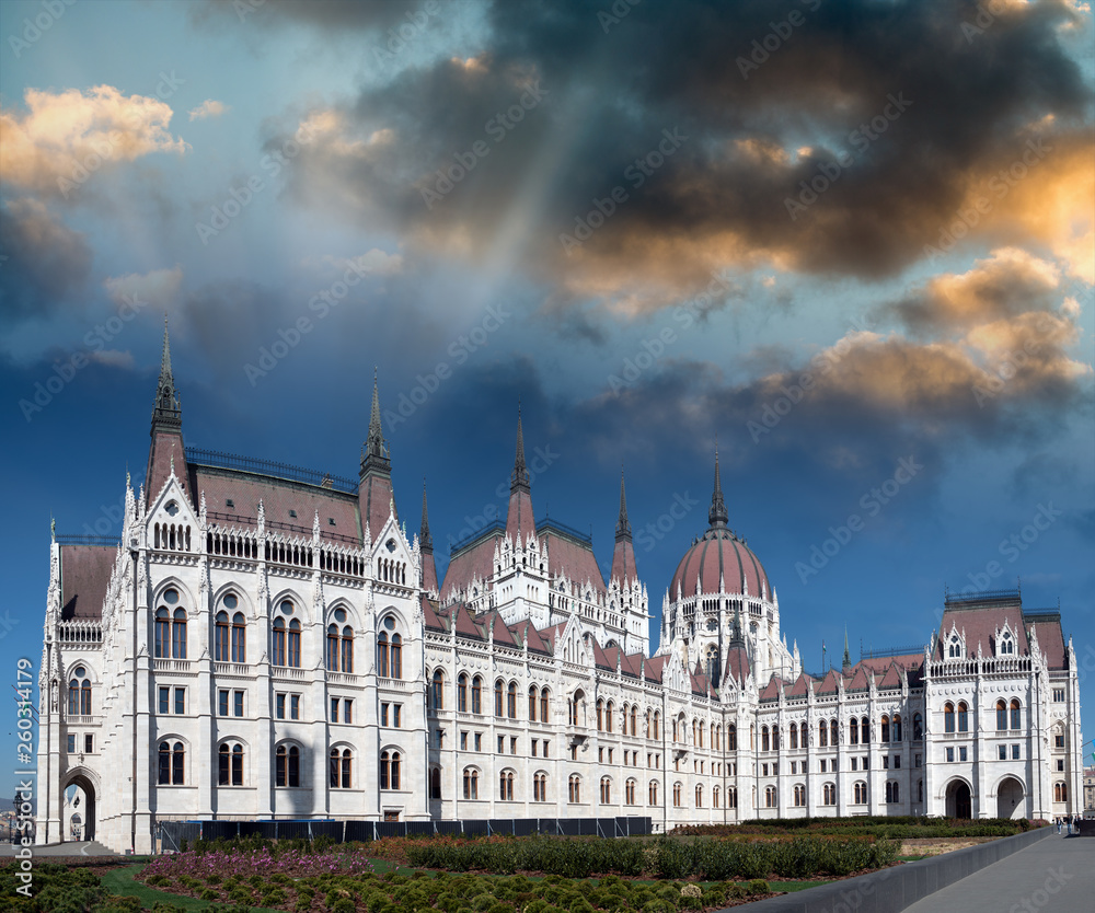 Amazing view of Hungarian Parliament at dusk, Budapest