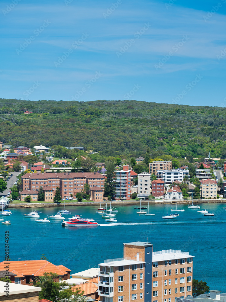 Panoramic aerial view of Manly Beach skyline on a sunny day, Australia