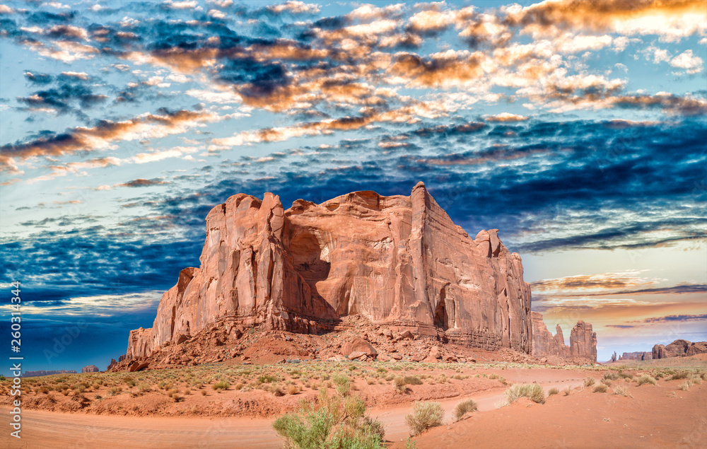 Panoramic view of Monument Valley mountain and road across national park