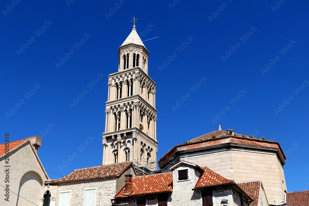 Historical architecture and landmark Saint Domnius church and bell tower in Split, Croatia. Split is popular summer travel destination and UNESCO World Heritage Site.