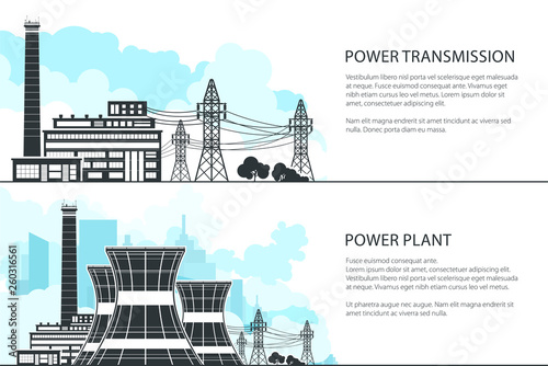 Set of Banners with Electric Power Transmission, Nuclear Reactors and High Voltage Power Lines Supplies Electricity to City, Vector Illustration