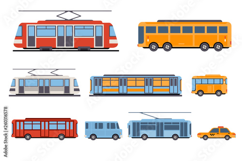 Public city transport set, taxi, bus, subway, tram vector Illustrations on a white background