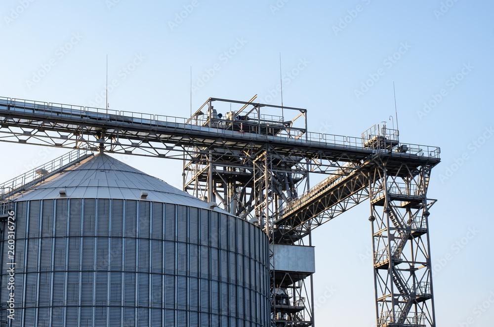 Large silo (huge metal tank for sugar, grain or silage storage) and other industrial equipment of modern sugar plant: metal structures and tower