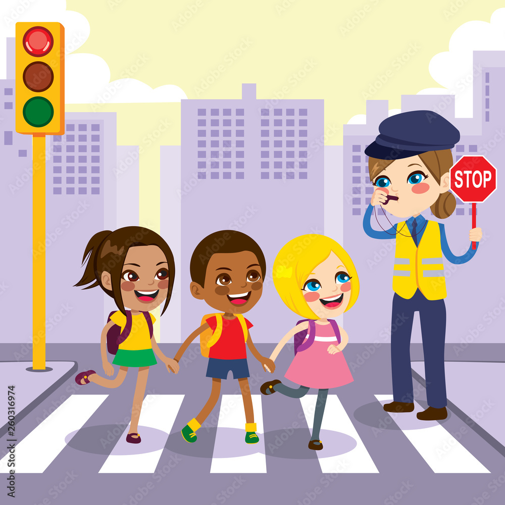 vector illustration of a schoolchildren crossing the road with the help of  the police 7414877 Vector Art at Vecteezy