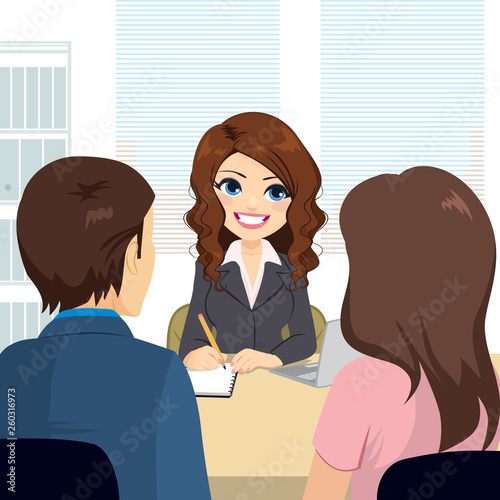 Professional lawyer woman giving couple advice while taking notes