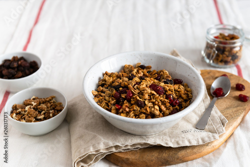 Dry breakfast cereals. Crunchy honey granola bowl with flax seeds, cranberries and coconut. Healthy, vegeterian fiber food. Breakfast time. Dieting concept for banner. Copy space