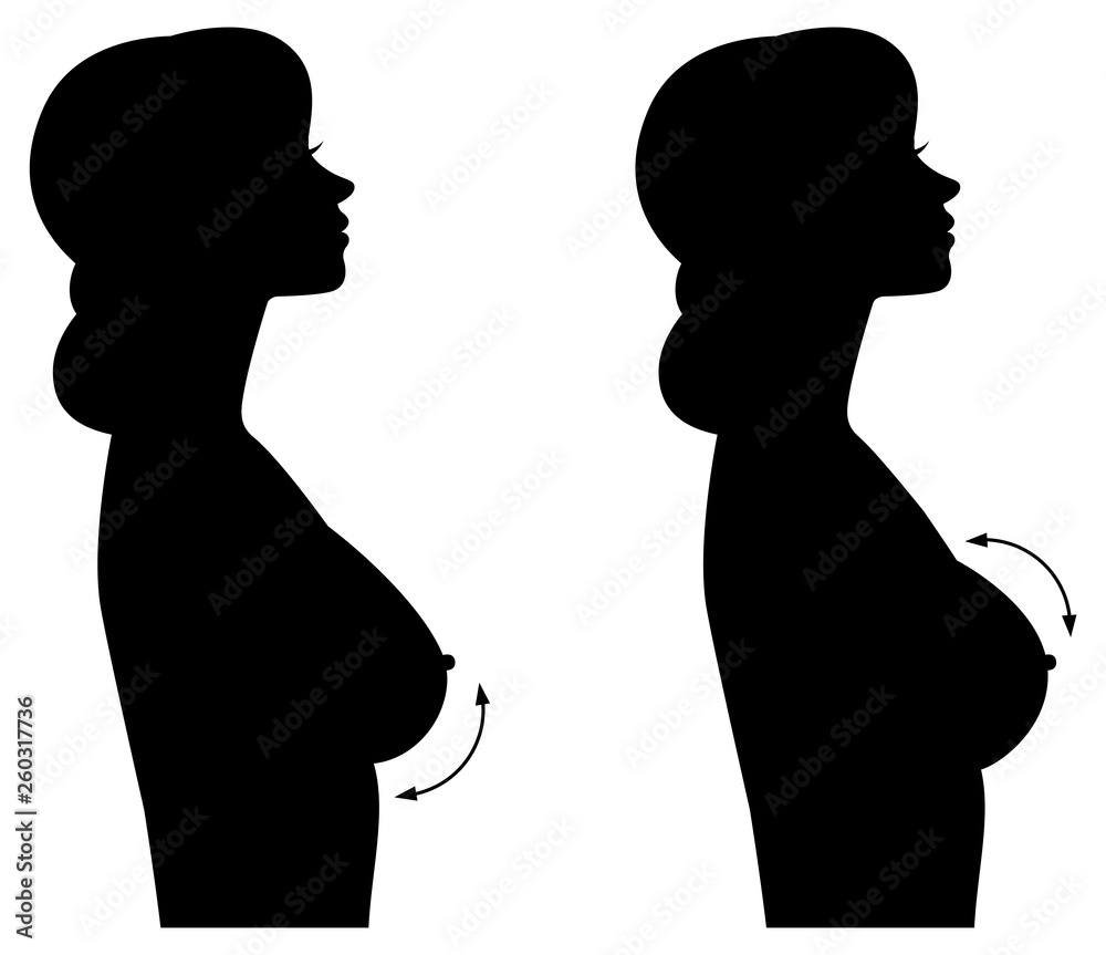 Silhouette woman in profile of different forms of breasts and