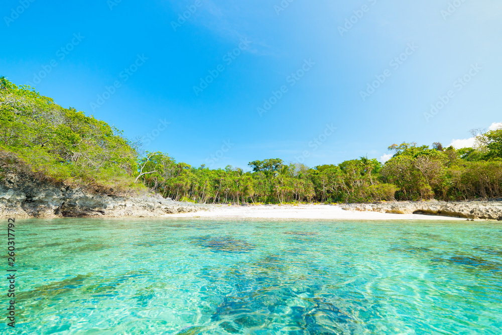 Desert beach viewed from the sea, turquoise blue water, tropical paradise, travel destination, Kei Island, Moluccas, Indonesia, no people