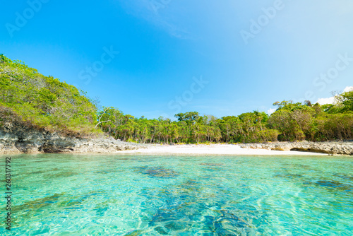 Desert beach viewed from the sea, turquoise blue water, tropical paradise, travel destination, Kei Island, Moluccas, Indonesia, no people