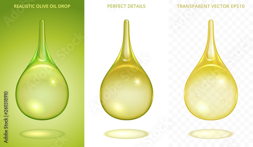 Set of organic droplets. 3d realistic vector drops. Different greenish tints. Icons of olive oil, green tea, biofuel, natural beauty oil. Perfect details. Gradient meshes with a various transparency