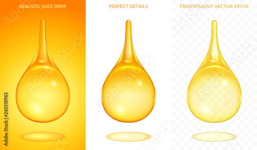 Set of yellow drops. 3d realistic vector droplets with a different golden tints. Icons of juice, honey, oil, beer, tincture, energy drink. Perfect details. Gradient meshes with a various transparency