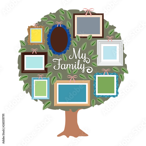 My family genealogy tree with retro frames on the foliage. Generation tree with place for photo illustration