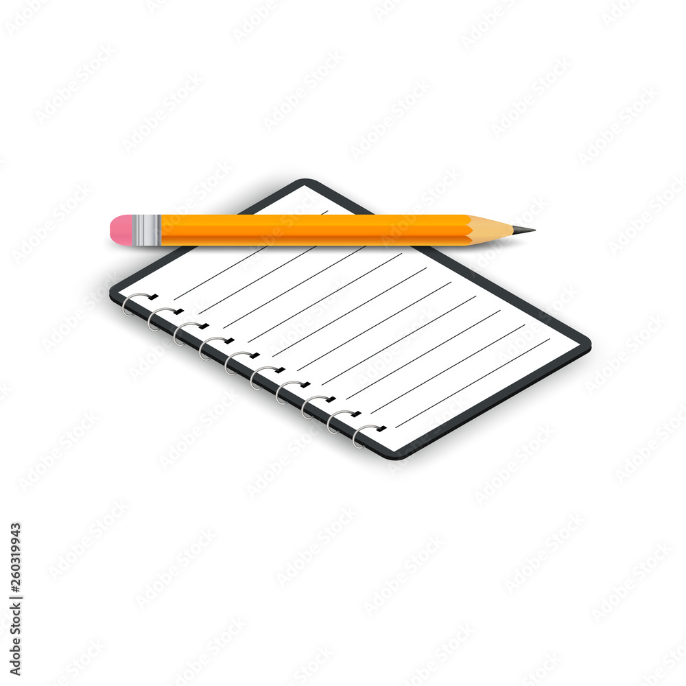 Isometric opened notebook with pencil isolated on white background. Isometric opened notebook with pencil isolated on white background.