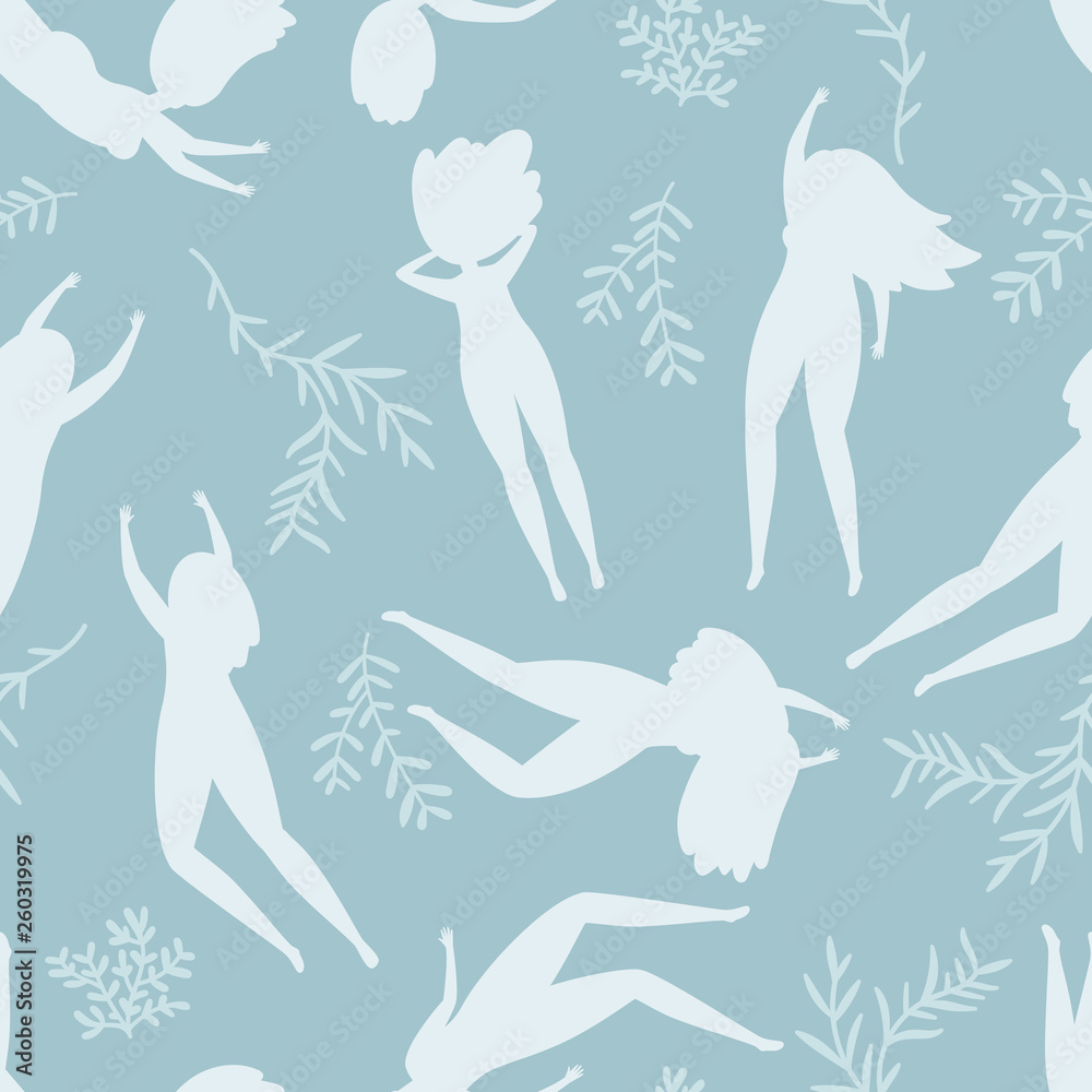 Swimming women silhouettes seamless pattern flat background. Vector woman body, young girl swimming underwater illustration Swimming women silhouettes seamless pattern flat background. Vector woman body, young girl swimming underwater illustration